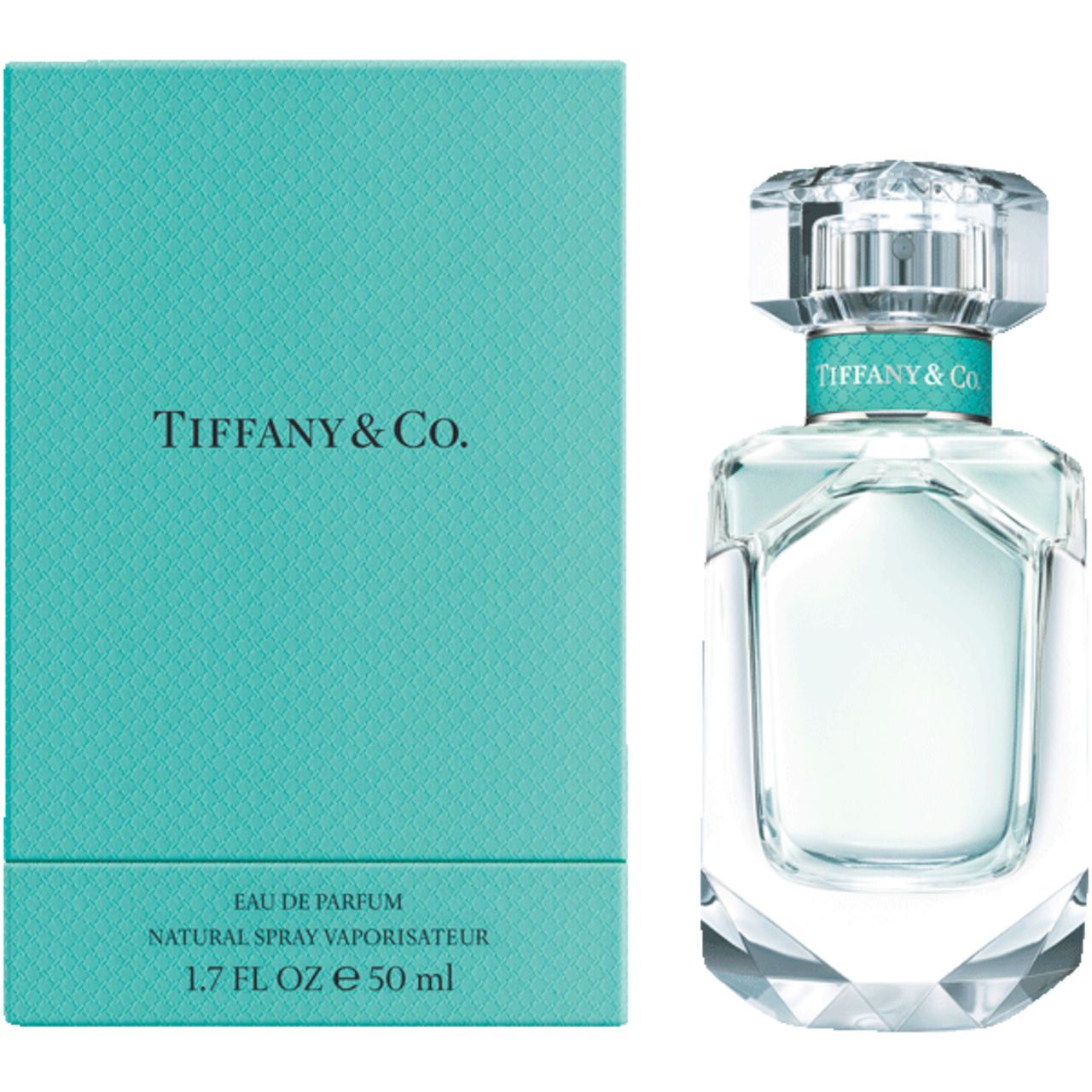 Flacon et boîte Tiffany & Co. Flacon avec base et bouchon facettés. Boîte turquoise avec logo.