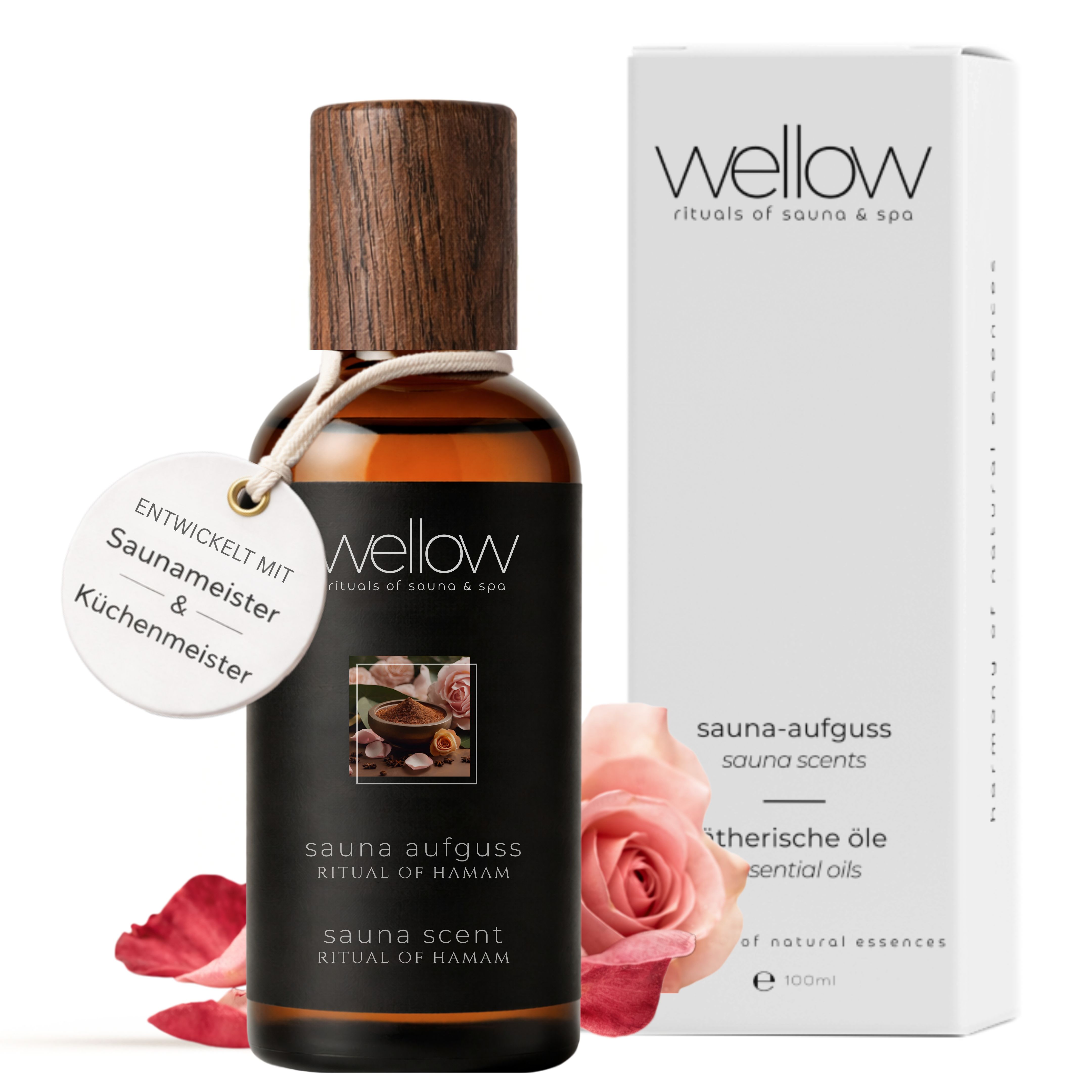 Bruine glazen fles met houten dop, label: Sauna-Aufguss Ritual of Hamam, Sauna Scent. Met verpakking. Tekst: Wellow, Sauna-Aufguss.