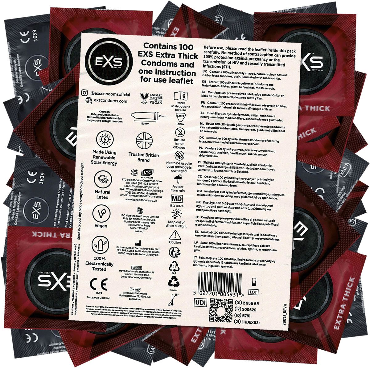Verpakking van 100 condooms. Logo en tekst: EXS Extra Thick Condoms. Bevat een gebruiksaanwijzing.