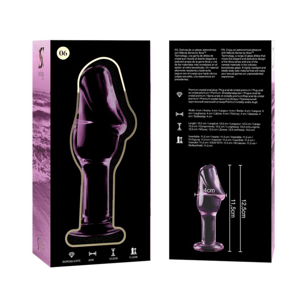Plug anal en verre rose, 12,5 x 4 cm, sur fond rose.