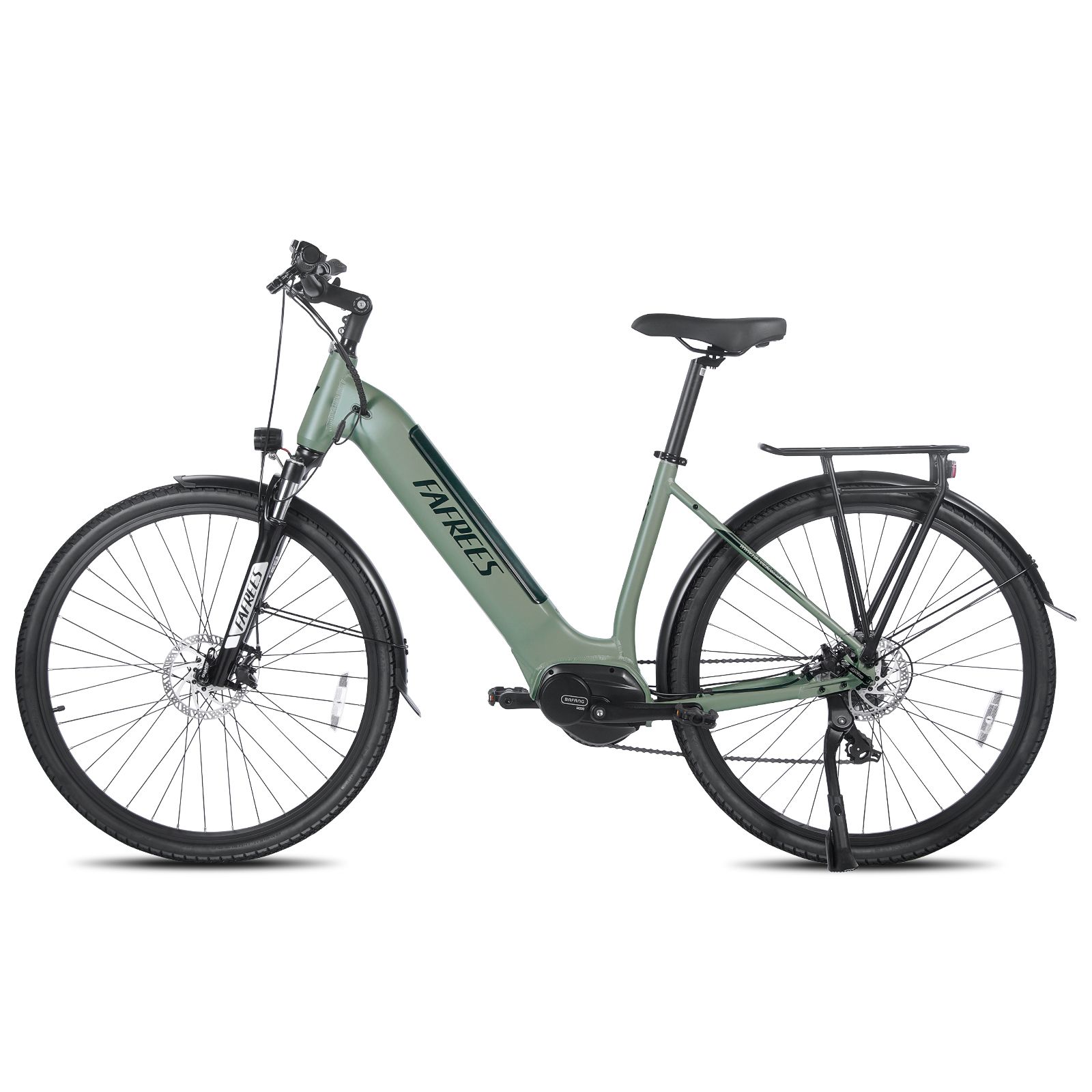 Vélo électrique de trekking vert avec porte-bagages. Pneus et composants noirs. Marque FAFREES.