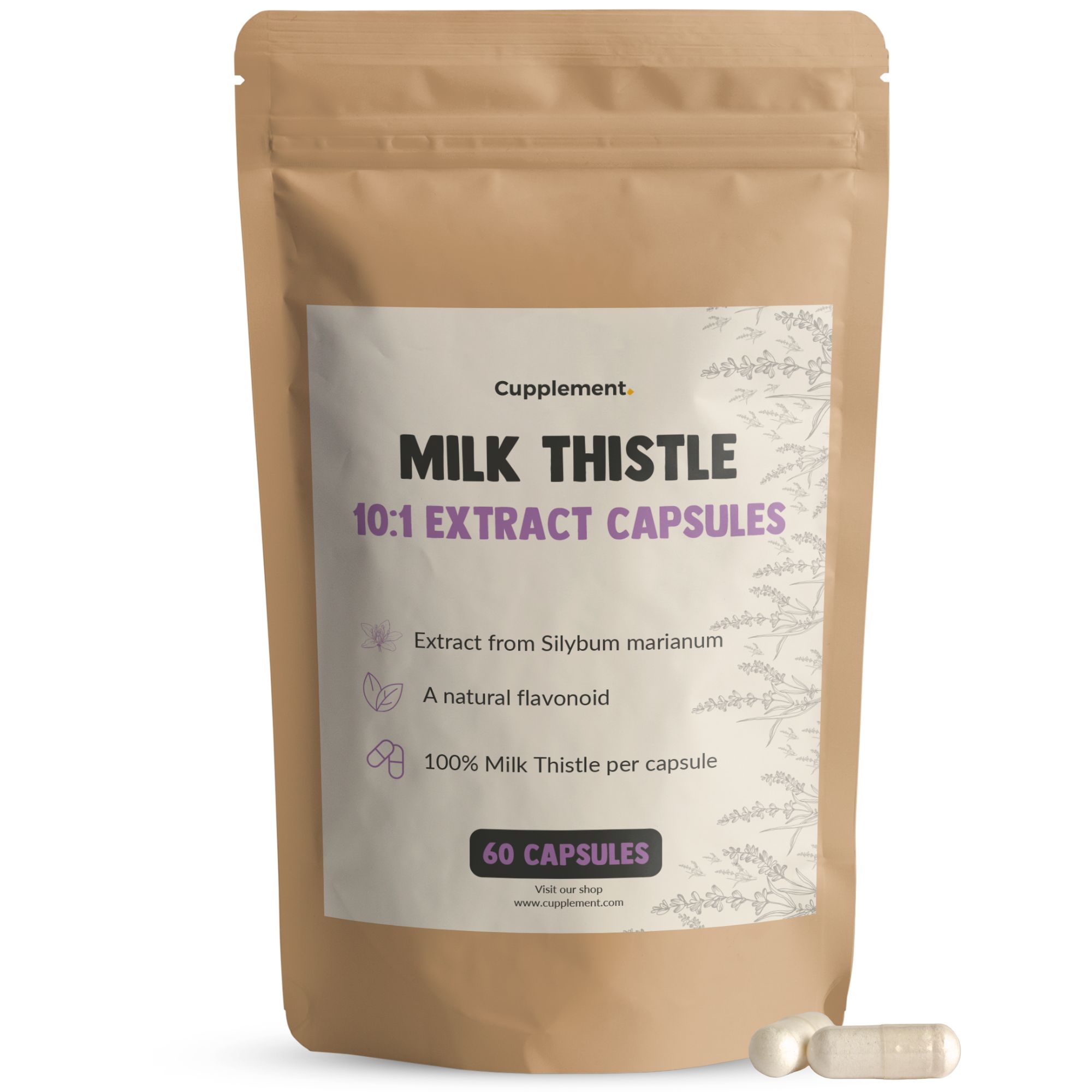 Zakje met capsules. Opschrift: Cupplement, Milk Thistle 10:1 Extract Capsules, 60 capsules. Twee capsules ernaast.