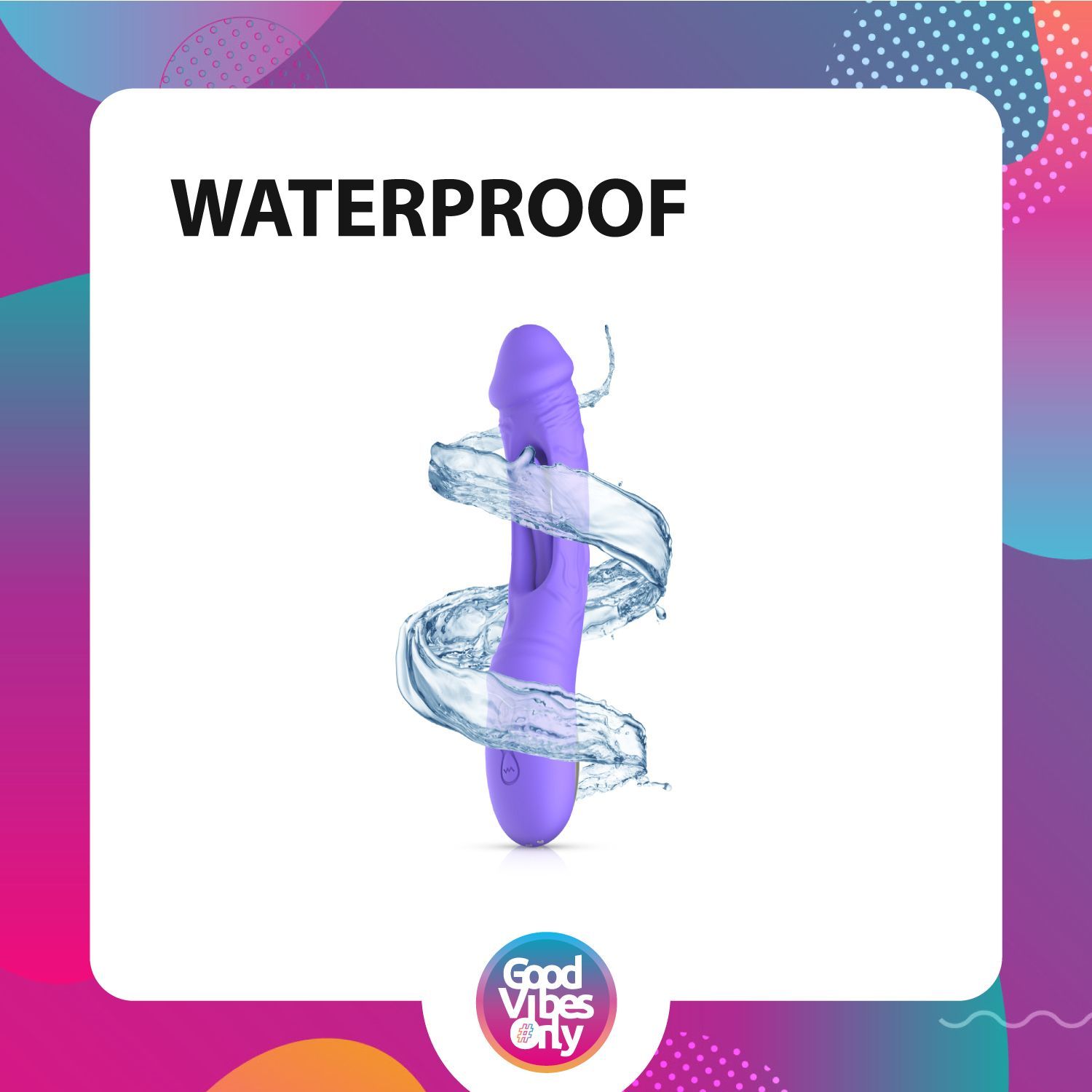 Paarse vibrator omringd door water. Waterstralen rond het product.