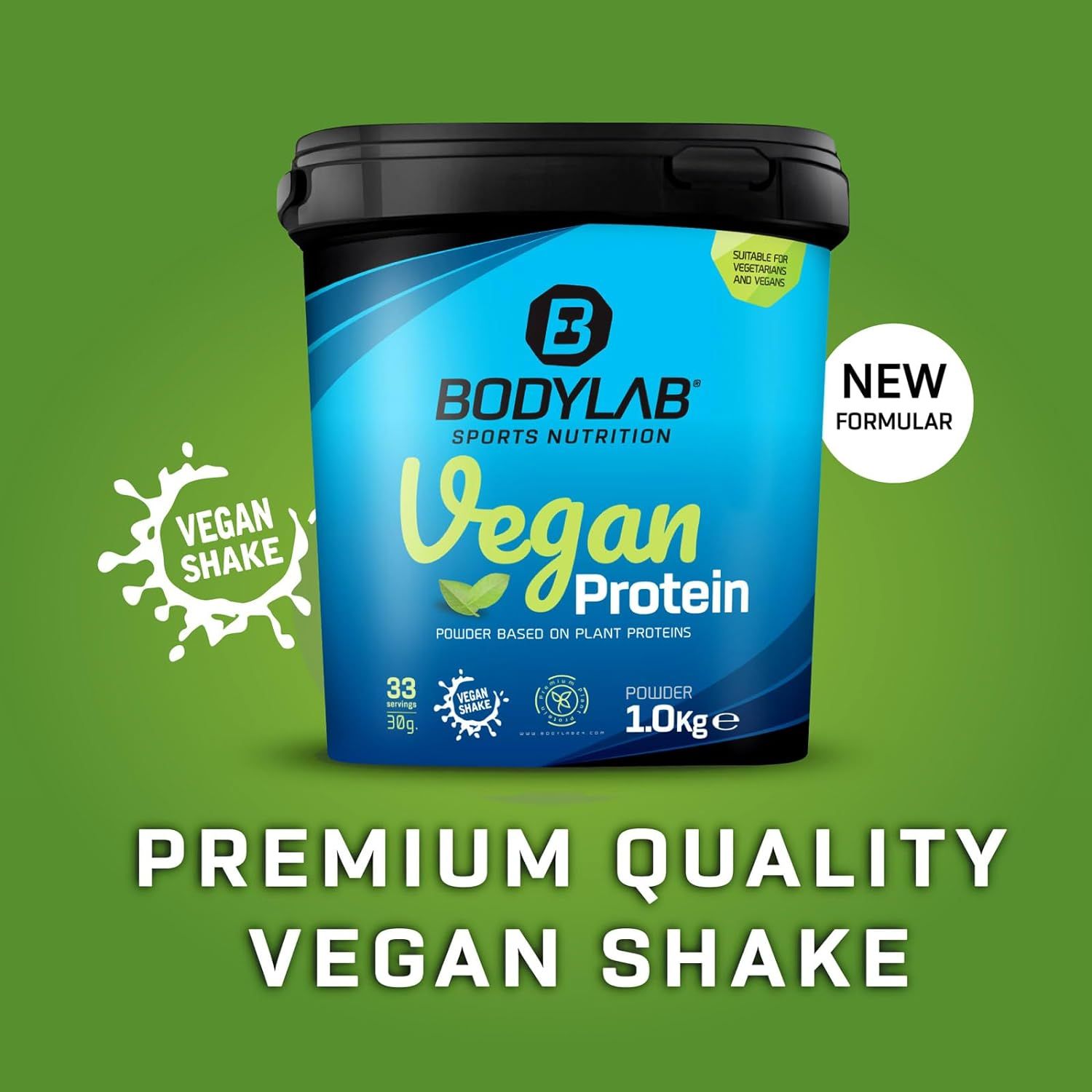 Seau bleu Bodylab Vegan Protein. Texte: Premium Quality Vegan Shake, 1,0 kg, 33 portions. Logo Vegan Shake.