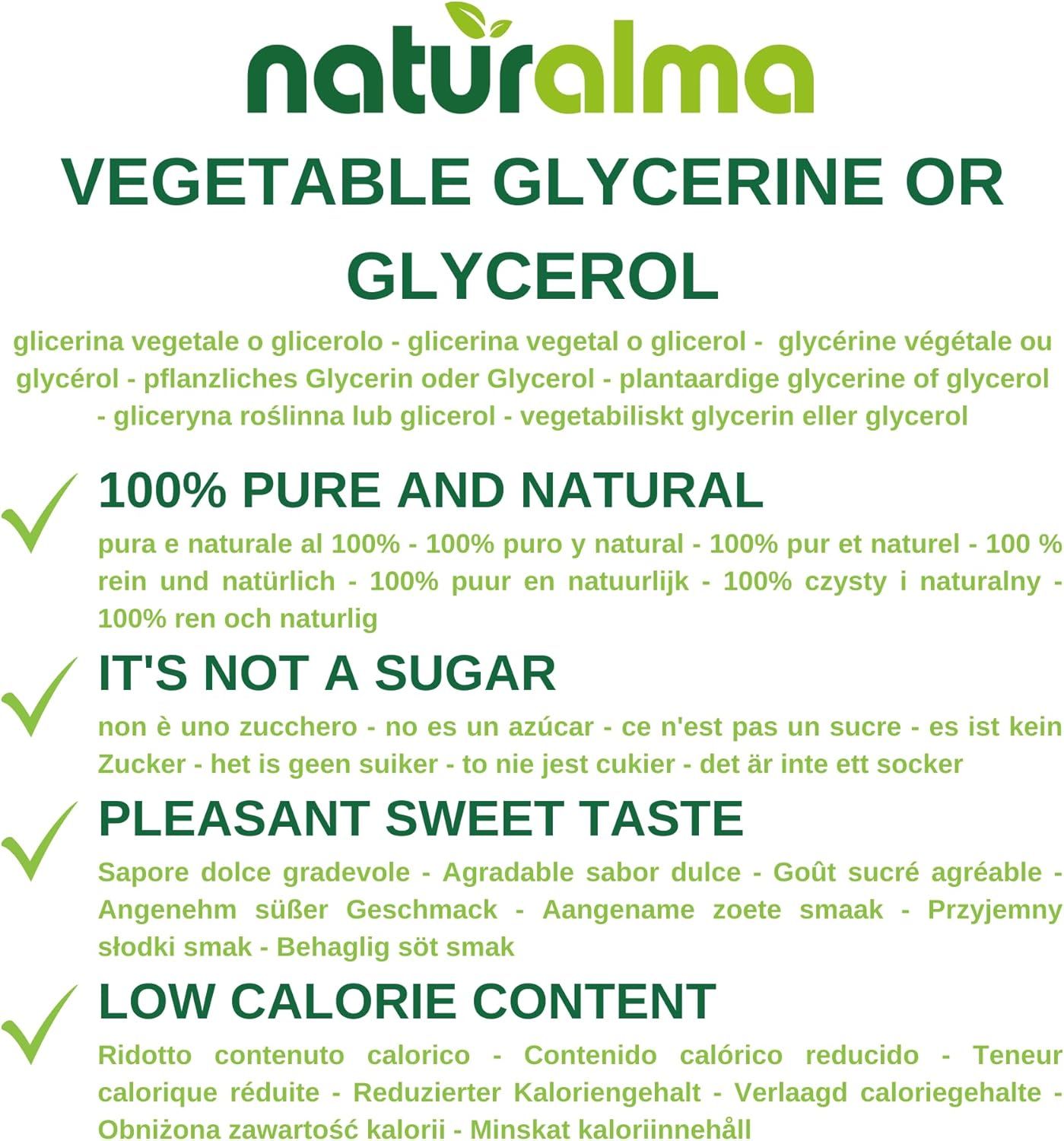 Texte avec des informations sur la glycérine végétale ou le glycérol. Contient des affirmations telles que "100% PURE AND NATURAL" et "LOW CALORIE CONTENT".