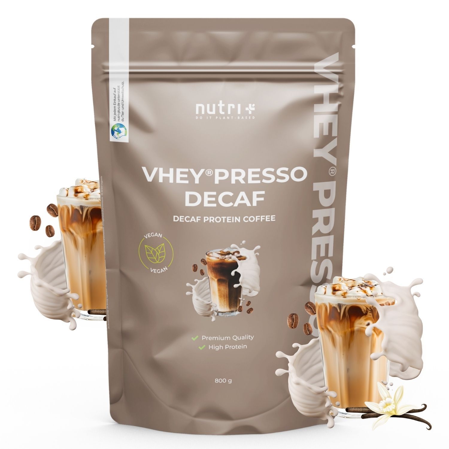 Emballage brun pour VHEY®PRESSO DECAF, Decaf Protein Coffee. Contient 800g. Avec sceau vegan.