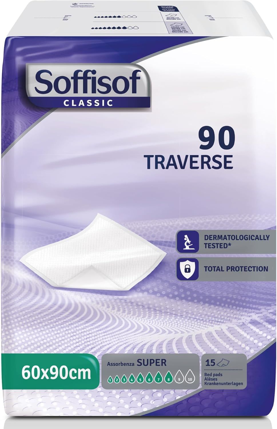 Paquet de protections de lit Soffisof Classic. Dimensions 60x90cm. 90 unités. Testé dermatologiquement. Protection totale.