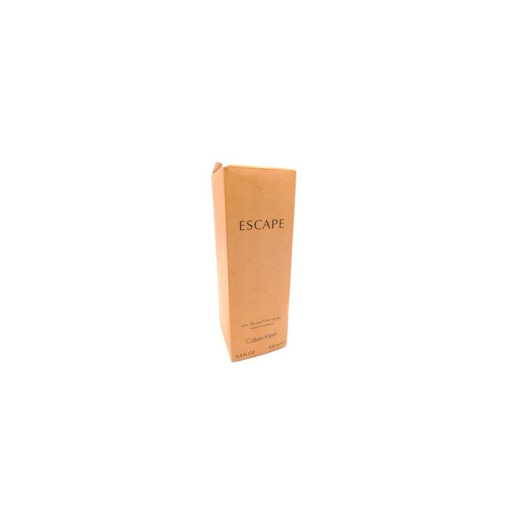 Boîte beige avec "ESCAPE". En dessous, "eau de parfum spray vaporisateur" et "Calvin Klein".