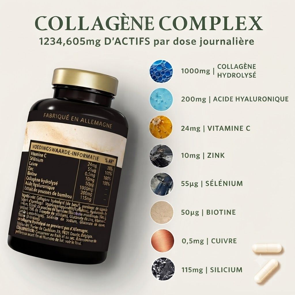 Bouteille foncée à couvercle doré, avec liste d'ingrédients, icônes et quantités.