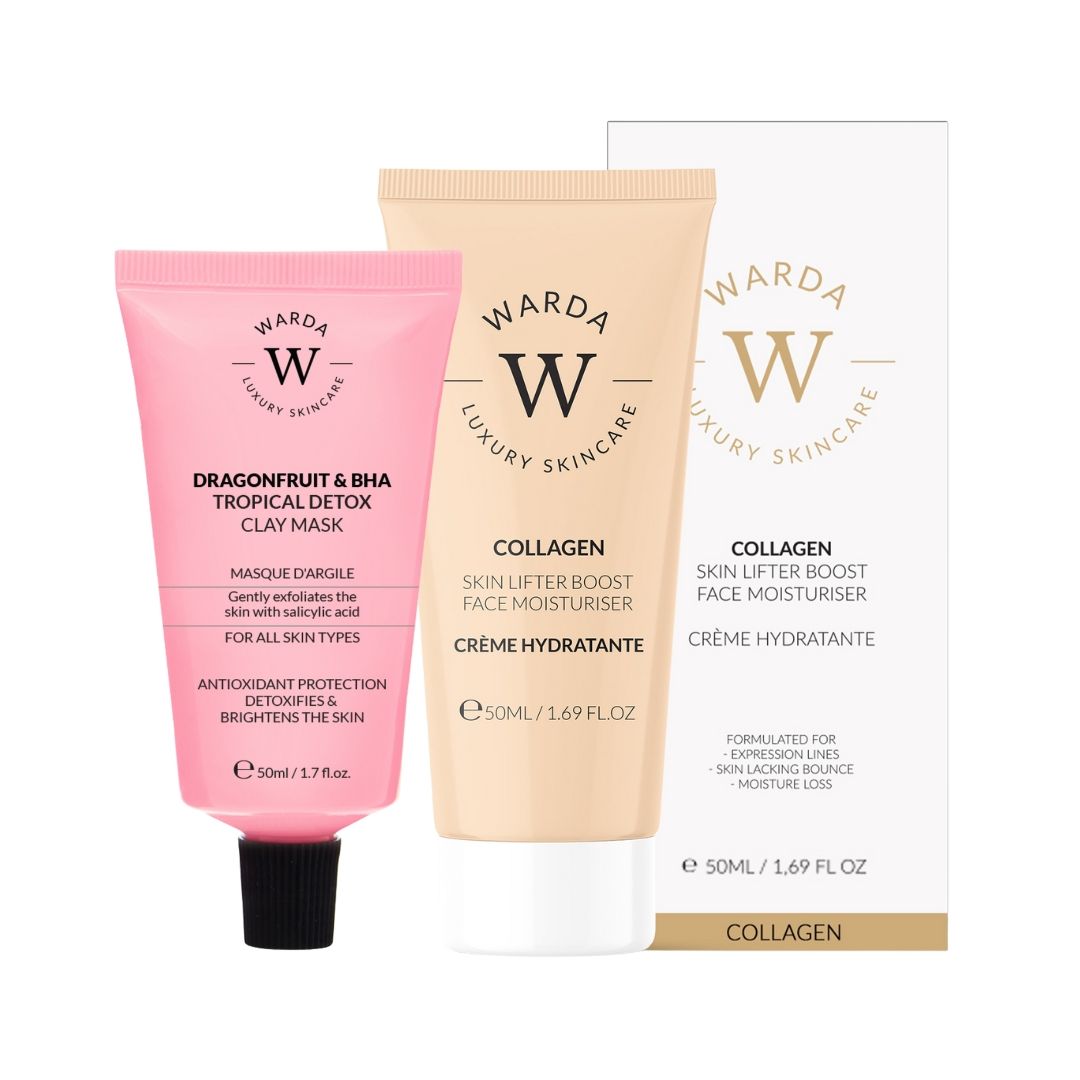 Trois produits cosmétiques : tube rose, tube beige et carton blanc. Inscriptions : Warda, Collagen, BHA-Detox-Maske, crème hydratante.