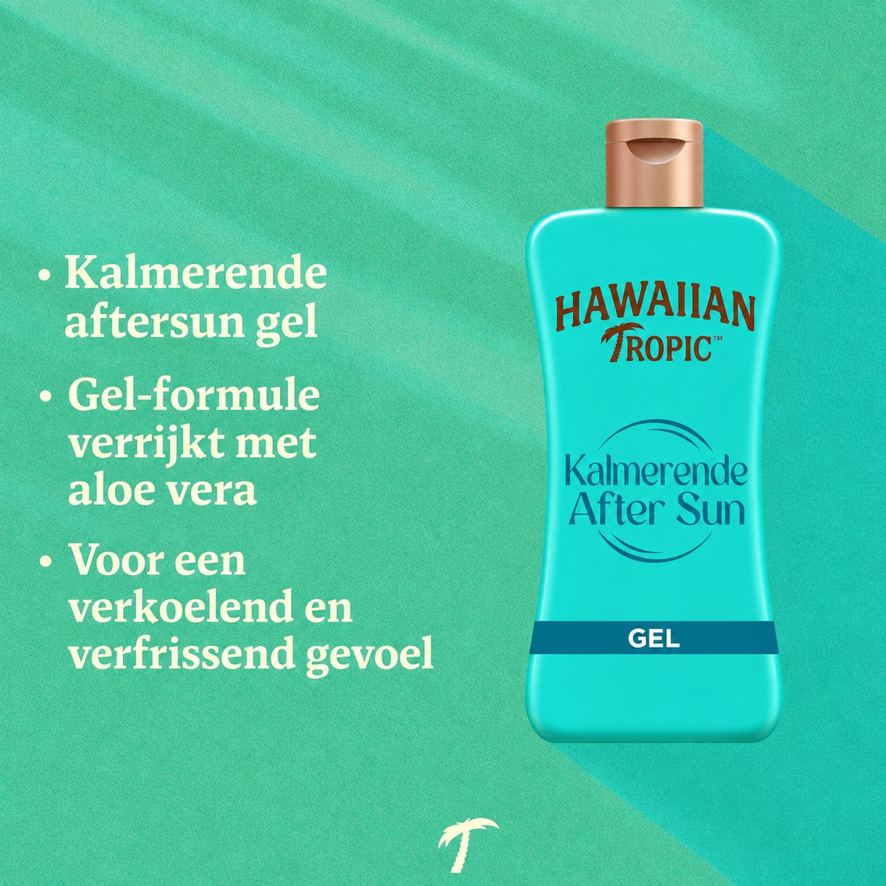 Turquoise fles Hawaiian Tropic After Sun Gel verrijkt met aloë vera.