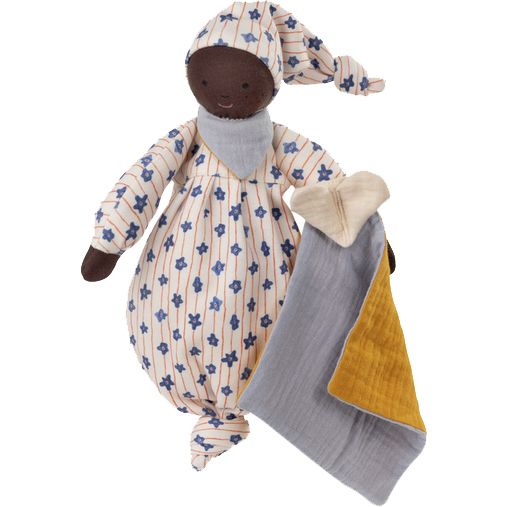 Stoffen pop met sterrenpatroon jurk en muts. Grijze sjaal en geel-grijze knuffeldoek.