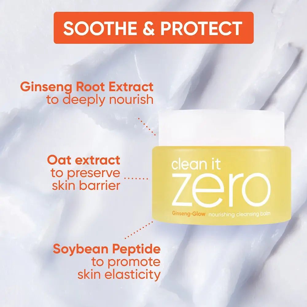 Un pot jaune avec l'inscription 'clean it zero Ginseng-Glow nourishing cleansing balm'.