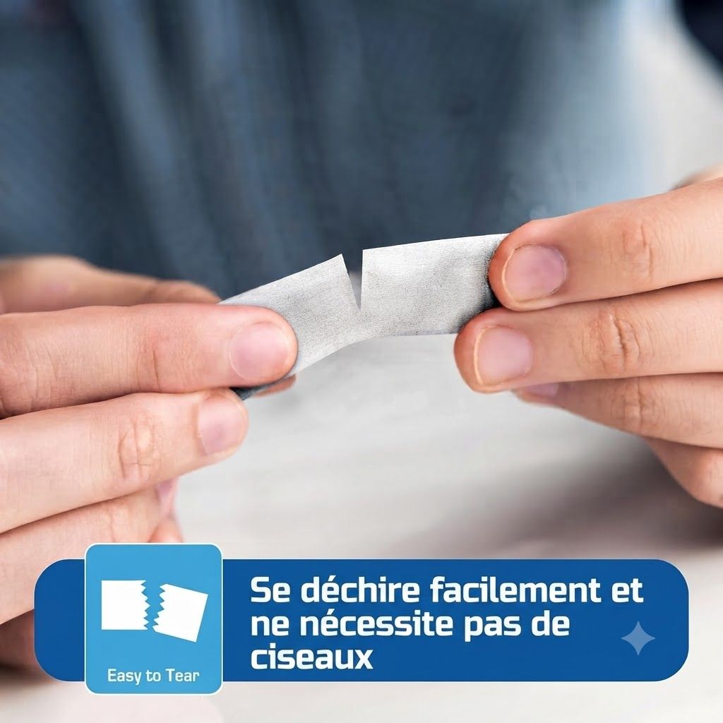 Deux mains déchirent une bande blanche en deux. Icône et texte "Easy to Tear".