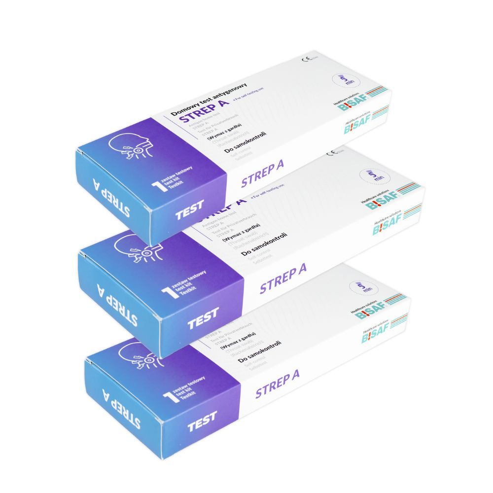 Drie testkits, lichtjes schuin op elkaar. Opschriften: STREP A, BISAF, CE-markering. Voor zelftest.