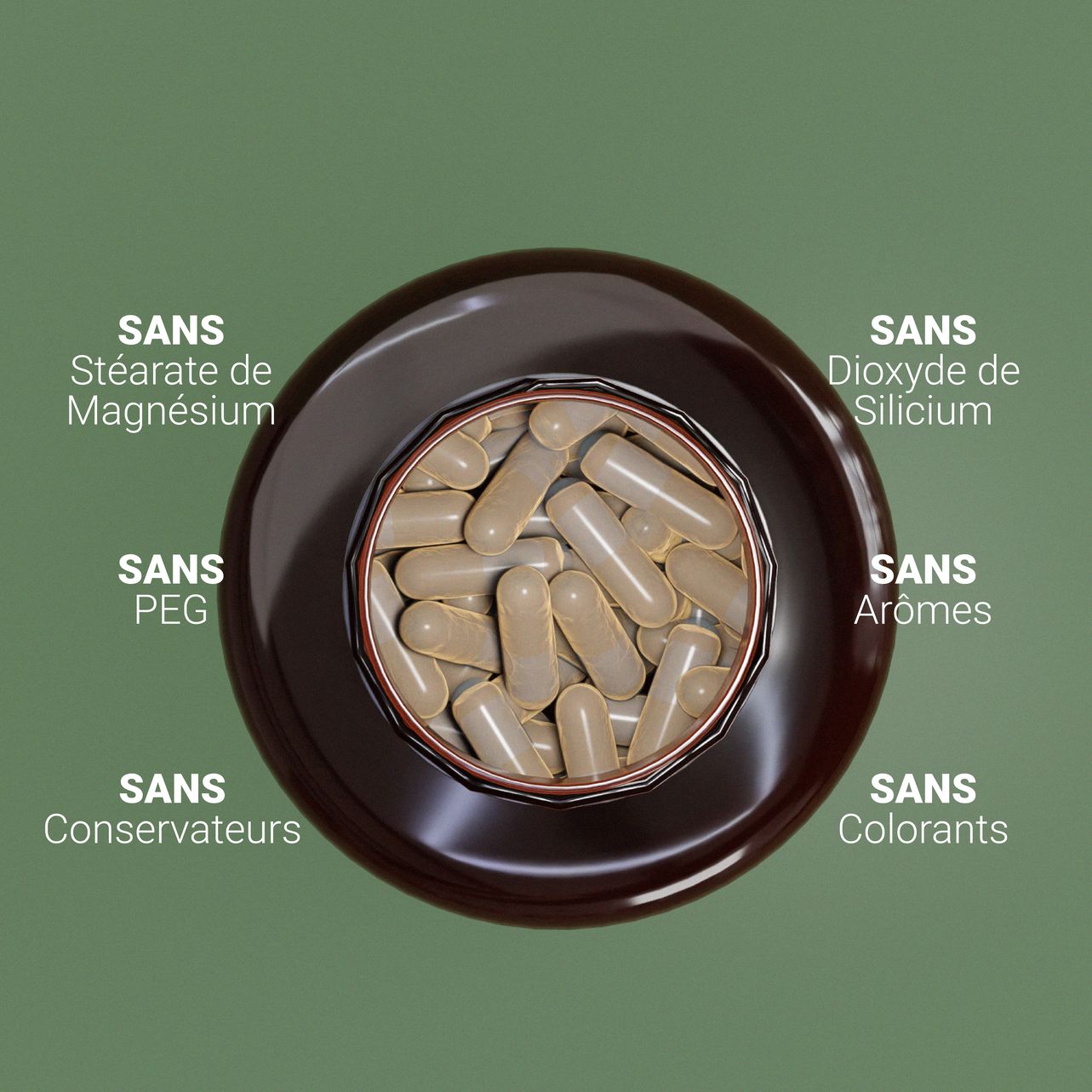 Capsules in een pot, vrij van magnesiumstearaat, PEG, conserveermiddelen, siliciumdioxide, aroma's en kleurstoffen.