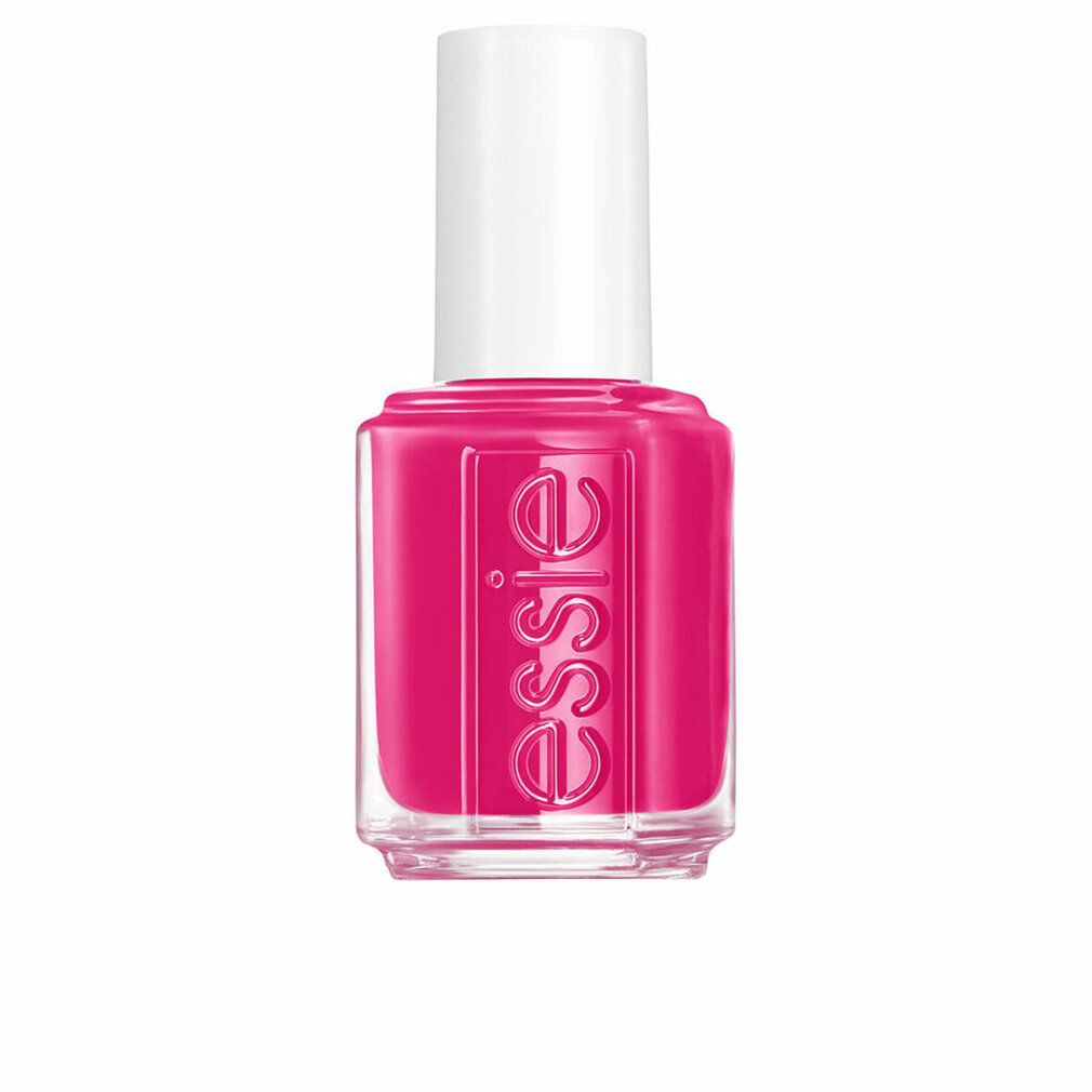 Essie nagellakflesje, roze, met witte dop. Essie logo zichtbaar.