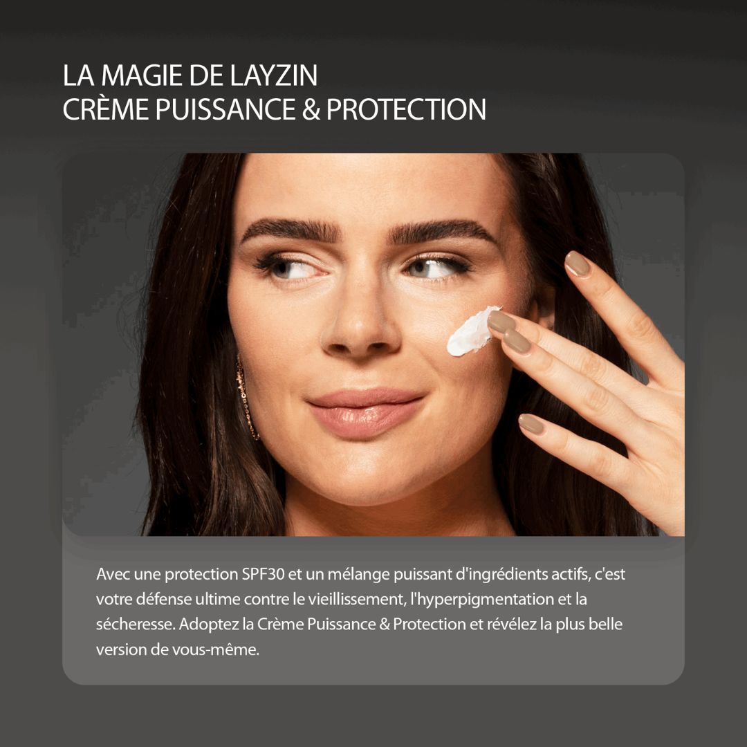 LAYZIN Power & Protect Cream. Symboles: Sans parfum, Vegan, Sans parabènes, Non testé sur les animaux, Sans PFAS, Sans silicone, Distributeur Airless.
