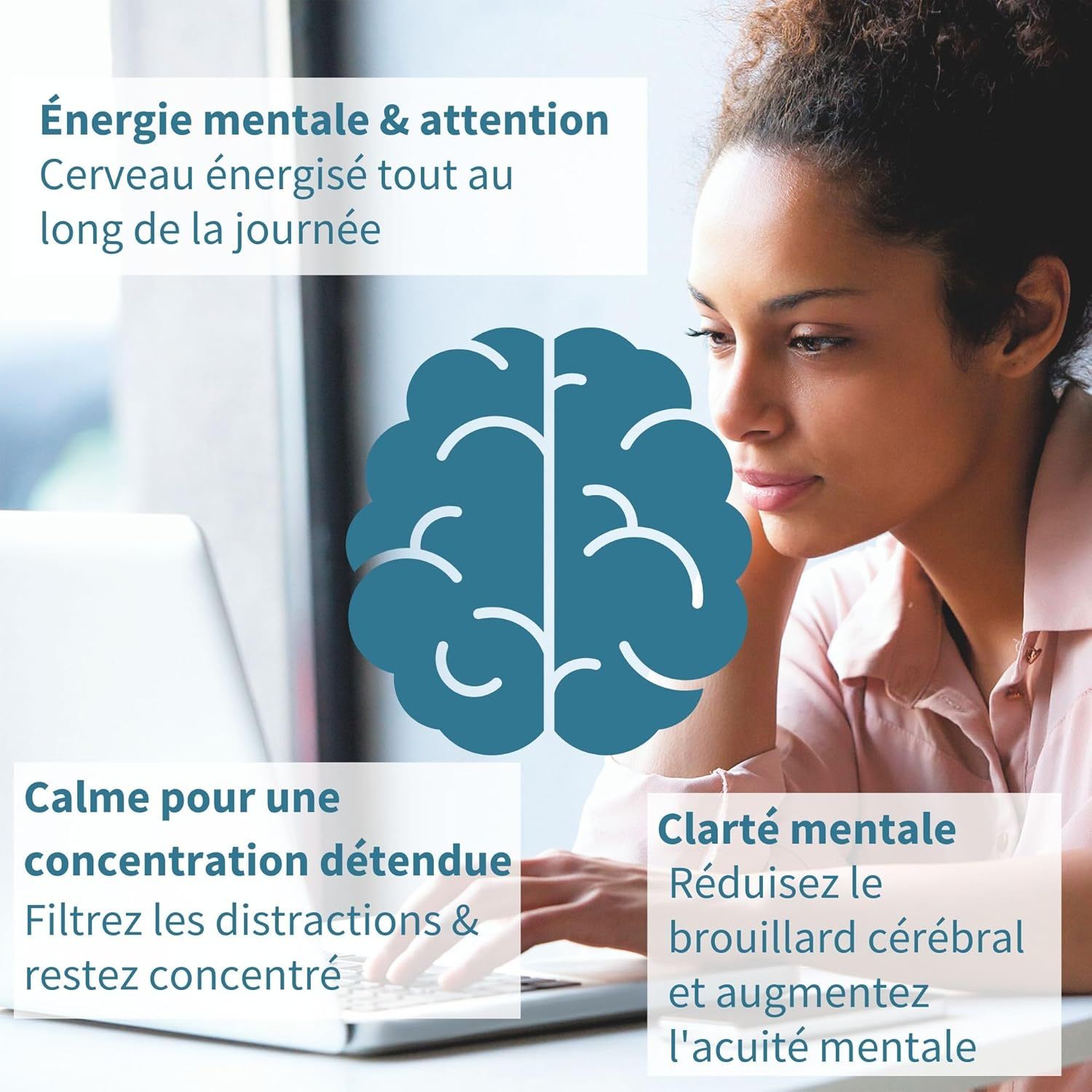Femme à l'ordinateur portable avec symbole de cerveau. Focus, énergie, clarté.