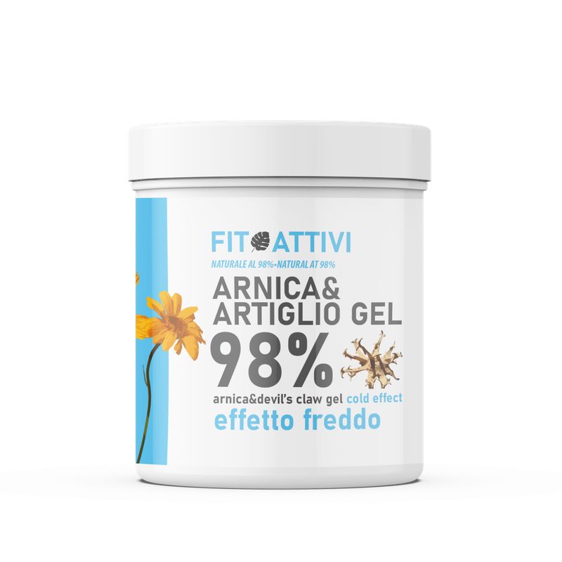 Pot blanc avec bande bleue. Inscription: Arnica & Artiglio Gel 98%, effetto freddo. Marque: Fit Attivi.