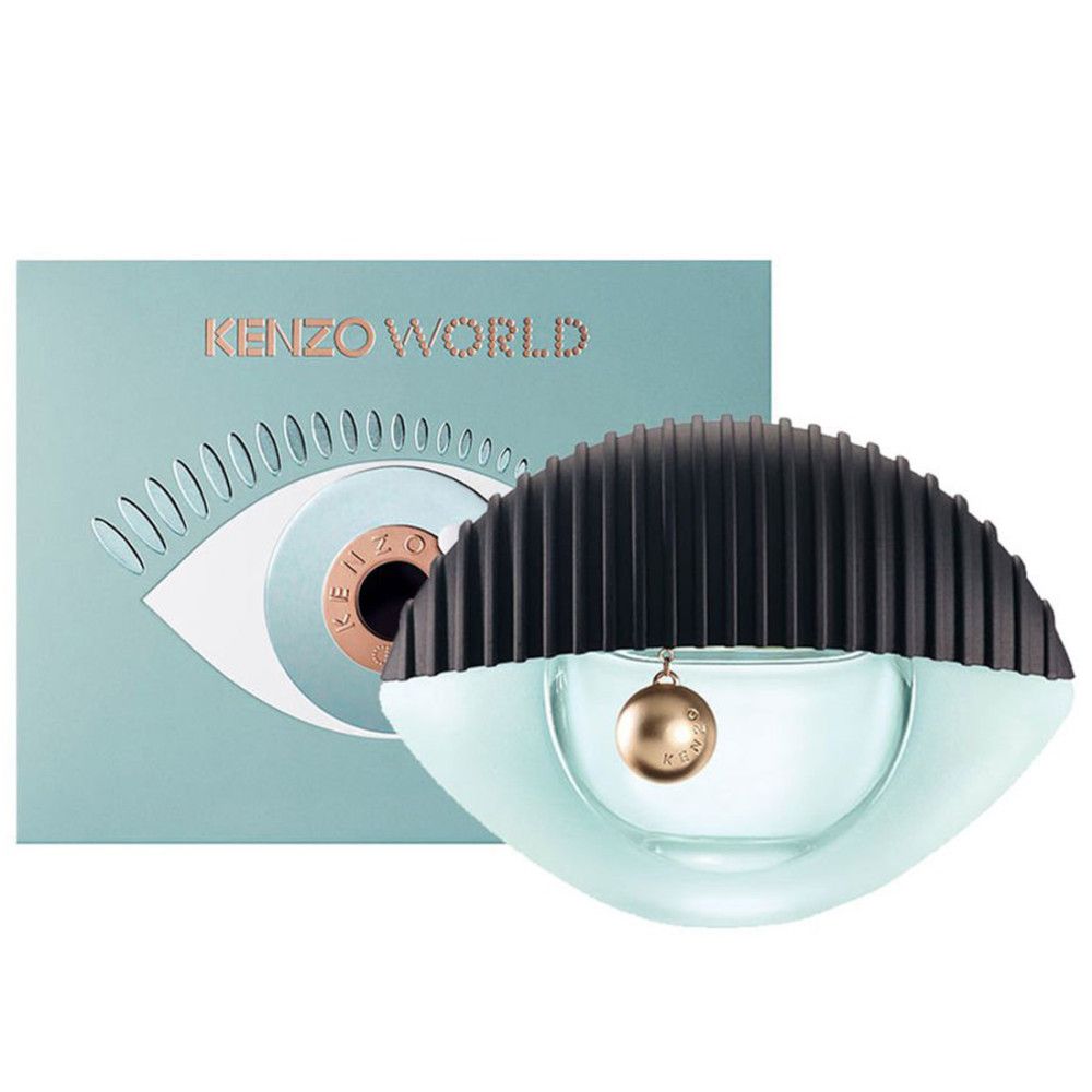 Lichtblauwe parfumfles in oogvorm met zwarte dop. Lichtblauwe doos met oogmotief en opschrift KENZO WORLD.