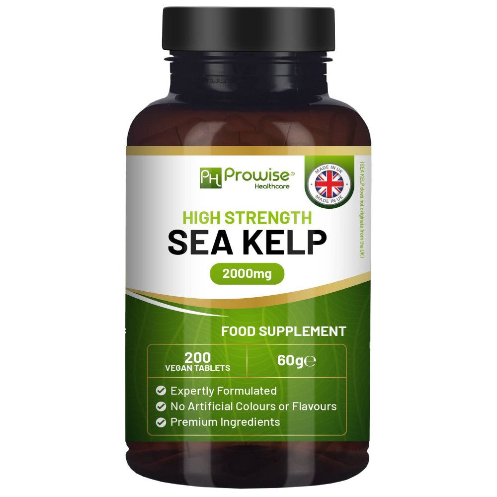 Flacon brun avec étiquette verte. Inscription: High Strength Sea Kelp 2000mg. 200 comprimés végétaliens. Complément alimentaire.