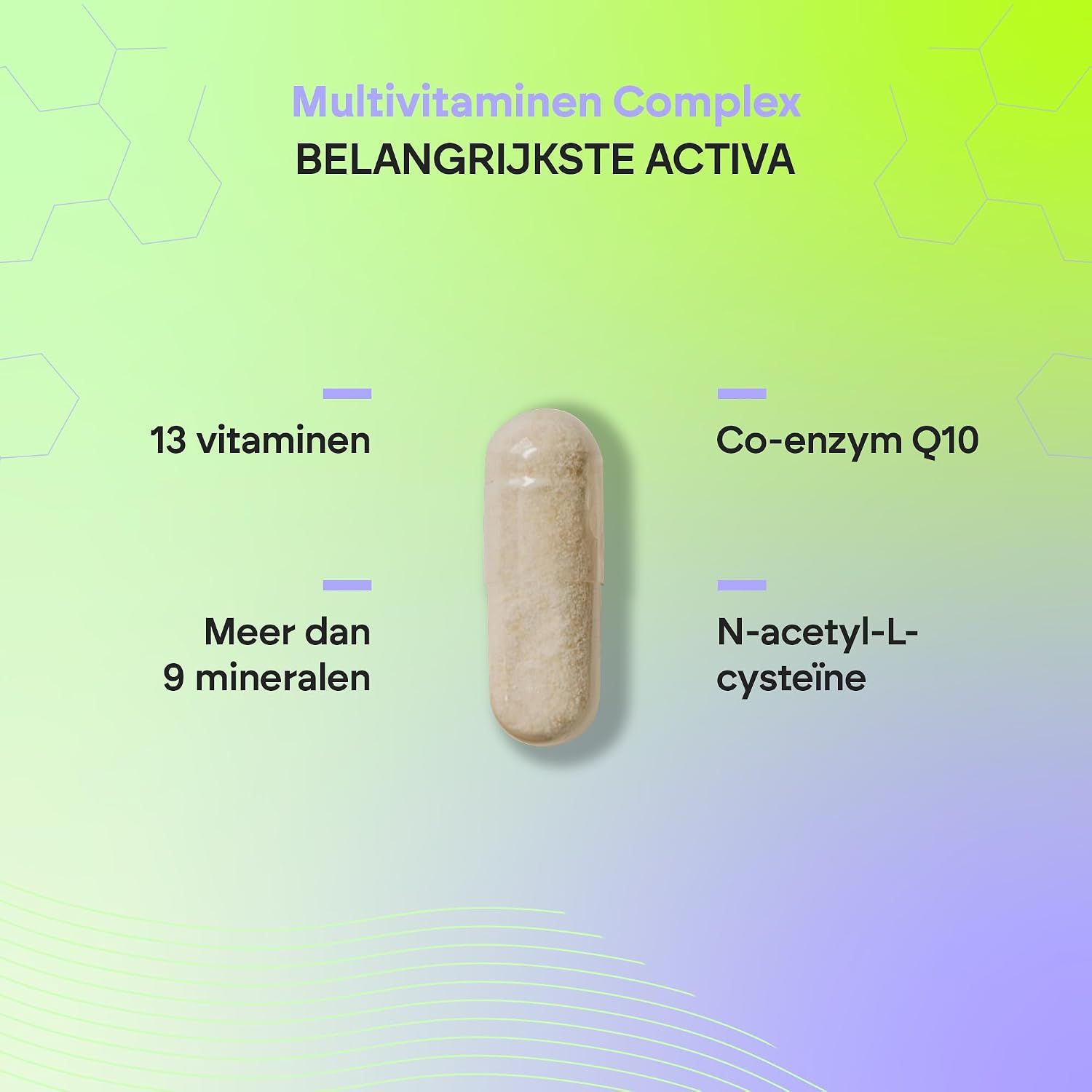 Een beige capsule met multivitaminecomplex, met 13 vitaminen, meer dan 9 mineralen, co-enzym Q10 en N-acetyl-L-cysteïne.