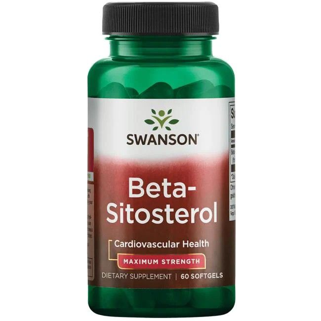 Flacon vert avec bouchon noir. Étiquette avec "SWANSON", "Beta-Sitosterol", "Maximum Strength" et "60 Softgels".