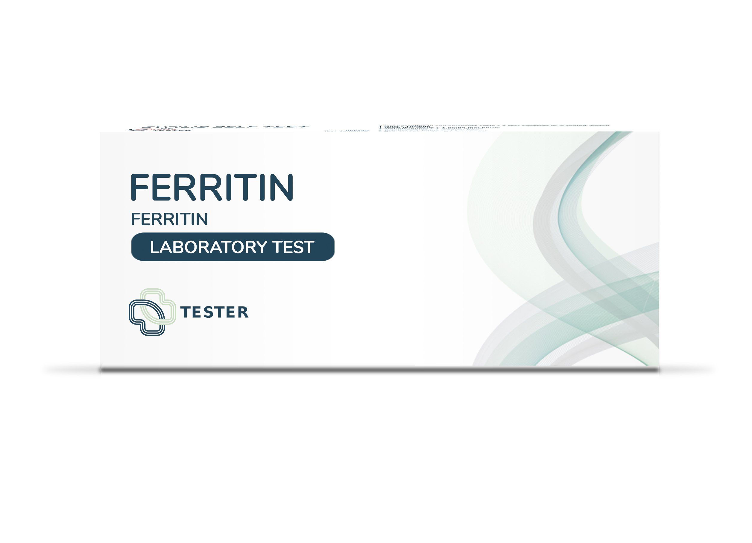 Witte doos met opschrift FERRITIN, FERRITIN LABORATORY TEST en Tester-logo. Lichtgroene, golvende lijnen aan de rechterkant.