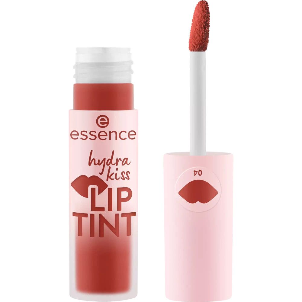 Essence Hydra Kiss Lip Tint ouvert. Flacon et applicateur. Teinte 04. Emballage rose, contenu rouge.
