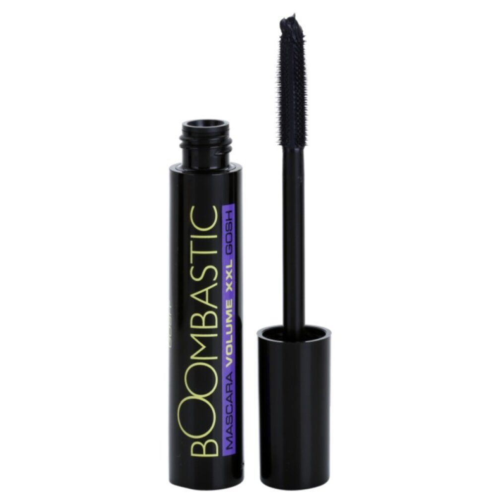 Zwarte mascara-tube met open dop en borstel. Opschrift: BOOMBASTIC GOSH XXL VOLUME MASCARA.