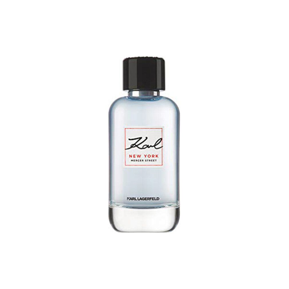 Flacon Karl Lagerfeld Eau de Toilette avec bouchon noir et étiquette 'Karl New York Mercer Street'.
