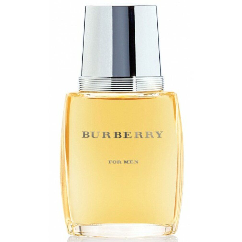 Burberry For Men Eau De Toilette Spray. Vierkante glazen fles met zilveren dop. Opschrift: Burberry For Men.