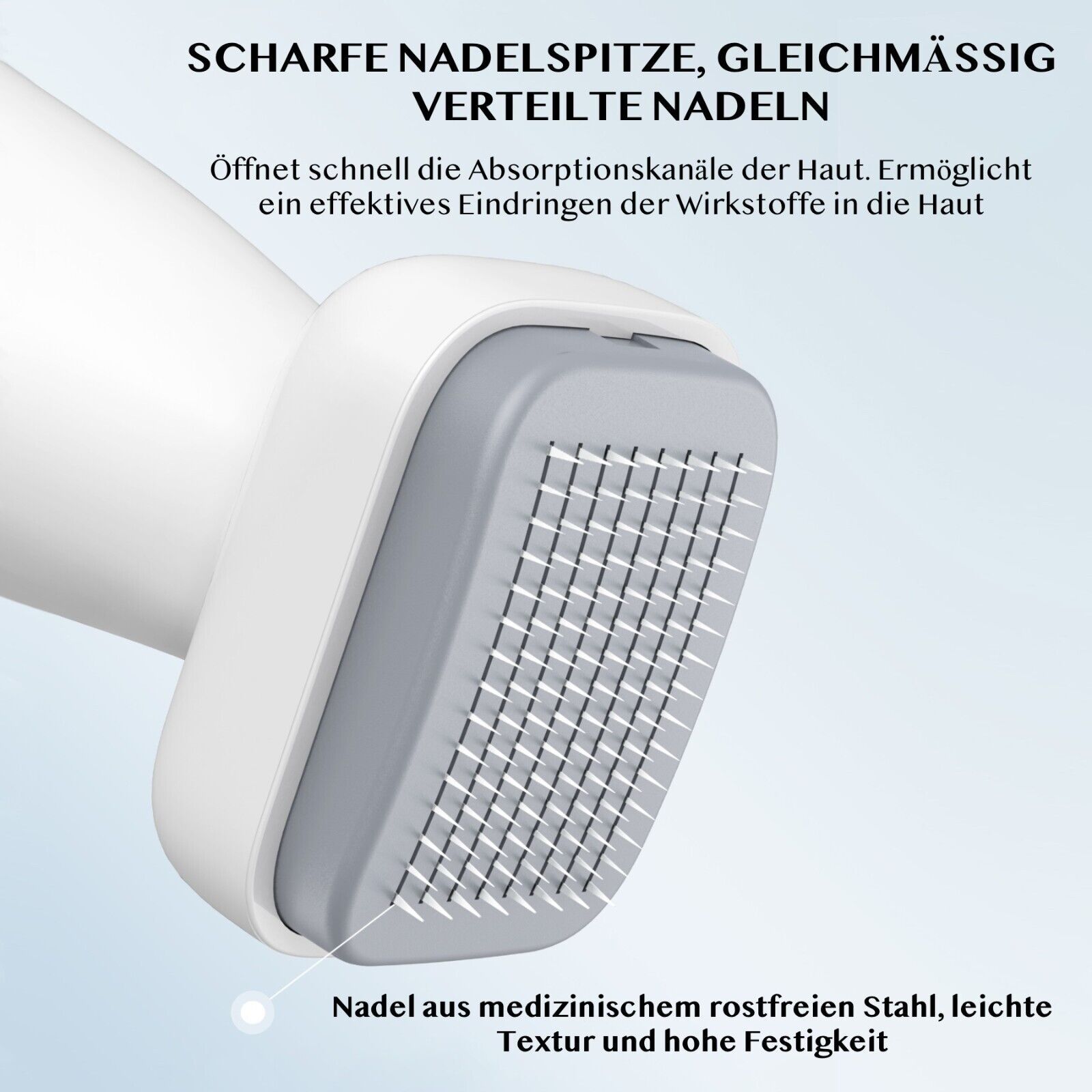 Dermastamp met naalden. Tekst: scherpe naaldpunt, gelijkmatig verdeelde naalden. Naalden van medisch roestvrij staal.