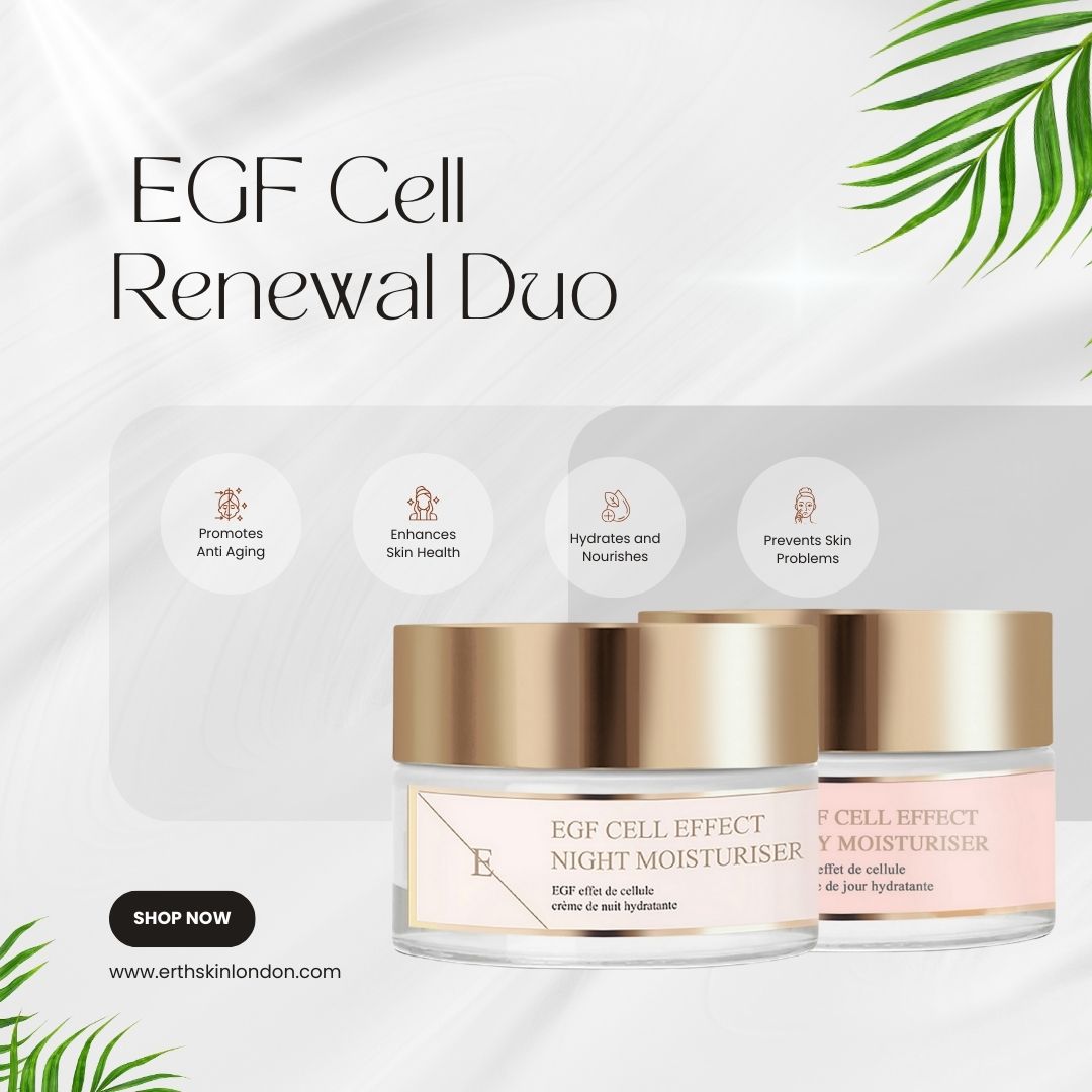 Deux pots de crème hydratante de jour et de nuit avec des couvercles dorés et des étiquettes roses. Texte: EGF Cell Renewal Duo, Shop Now, www.erthskinlondon.com.