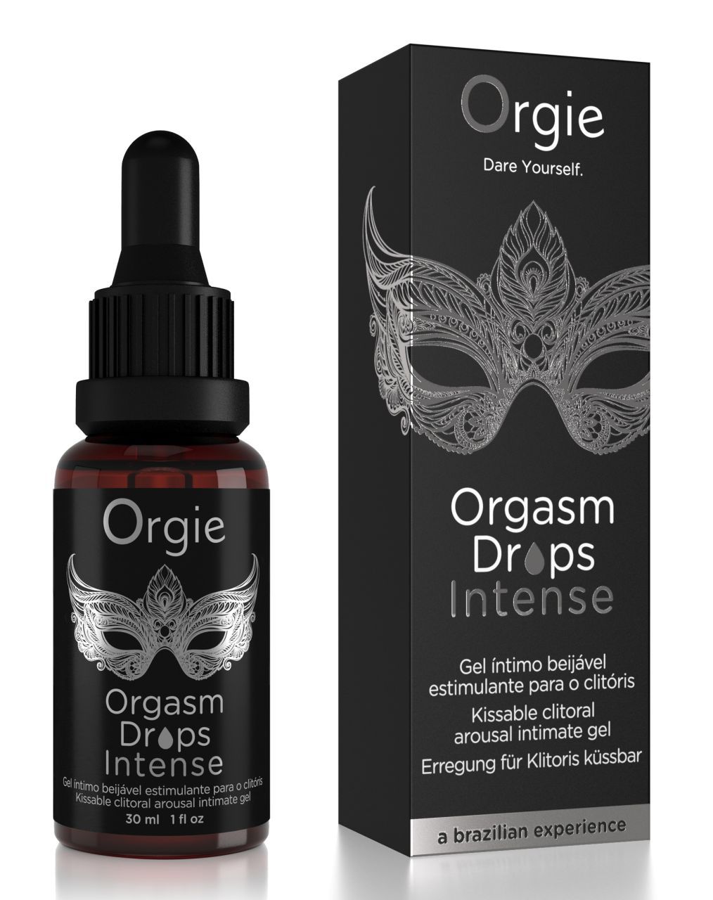 Bouteille et emballage Orgie Orgasm Drops Intense, motif masque.