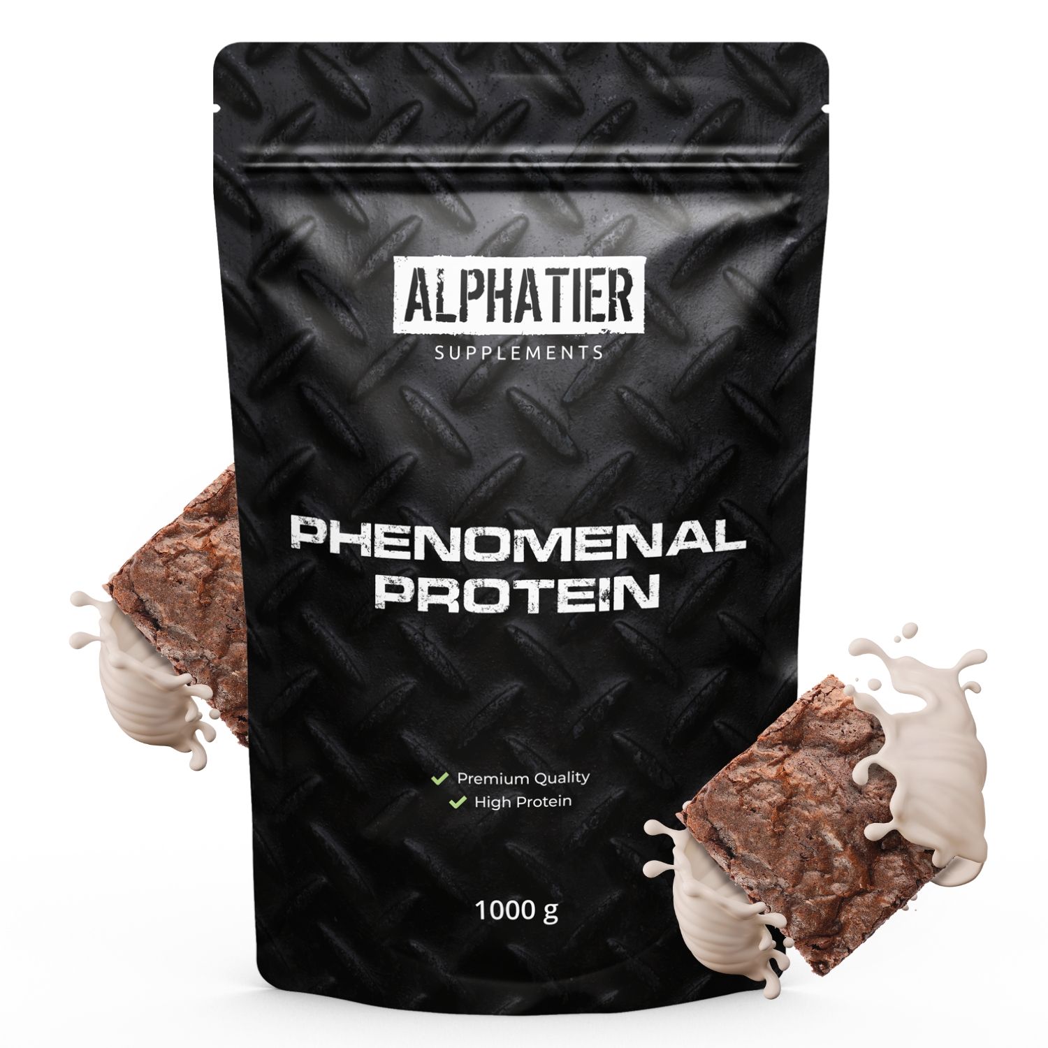 1kg zak Alphatier Phenomenal Protein poeder met brownie stukken en eiwitshake splash.
