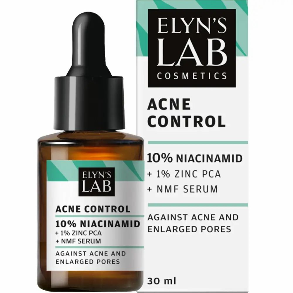 Bruine glazen fles met zwarte pipet en witte doos. Beide met tekst: Acne Control, 10% Niacinamide, +1% Zink PCA, NMF Serum.