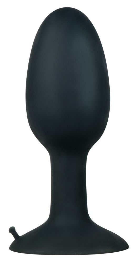 Bouchon anal noir en silicone avec une base large et une petite poignée.