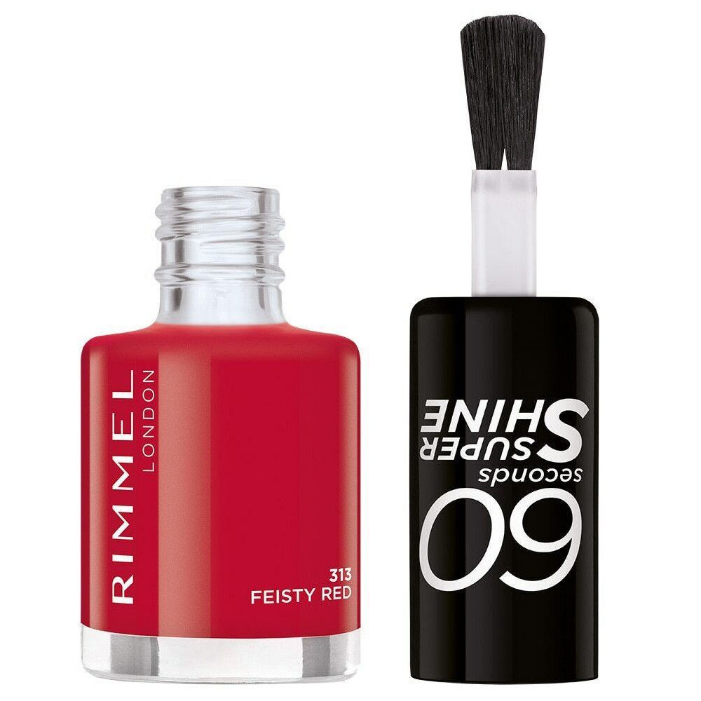 Flacon de vernis à ongles rouge et pinceau. Le flacon porte la mention "Rimmel London" et "313 Feisty Red". Le pinceau a une poignée noire avec "60 secondes Super Shine".