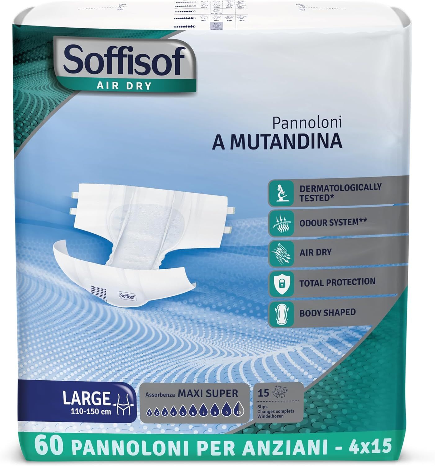 Paquet de couches Soffisof Air Dry Maxi Super pour adultes. Taille Large, 60 unités. Logos et informations produit visibles.