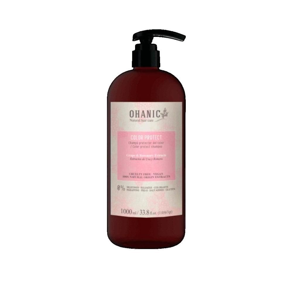 Goldwell Ohanic Color Protect Shampooing. Fles met zwarte pomp en roze etiket. Tekst: Color Protect, 1000ml.