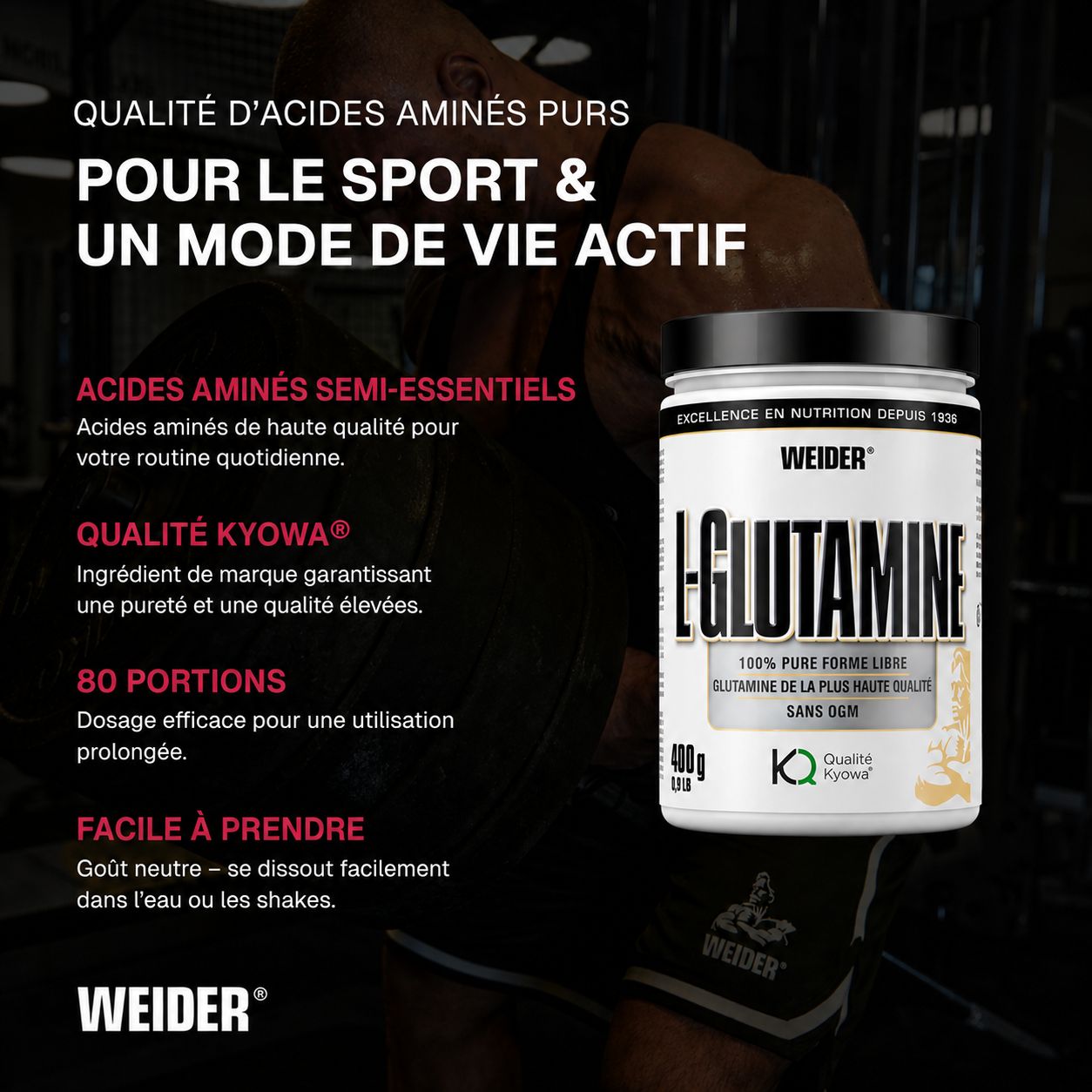 Pot Weider L-Glutamine (400g) avec texte sur les acides aminés, qualité Kyowa et 80 portions.