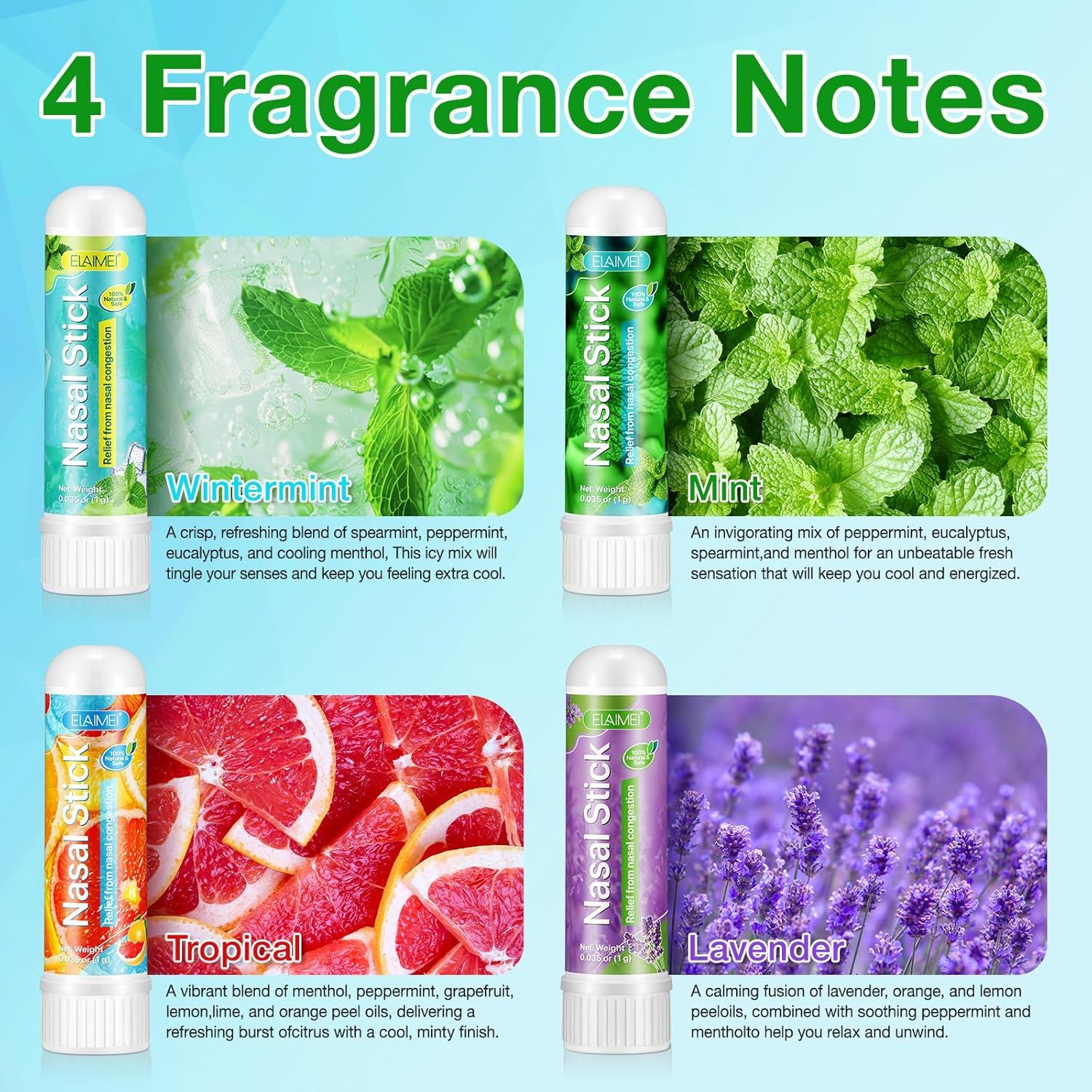 Quatre inhalateurs nasaux. Wintermint, menthe, tropical et lavande. Chaque bâton a une couleur et un design différents.