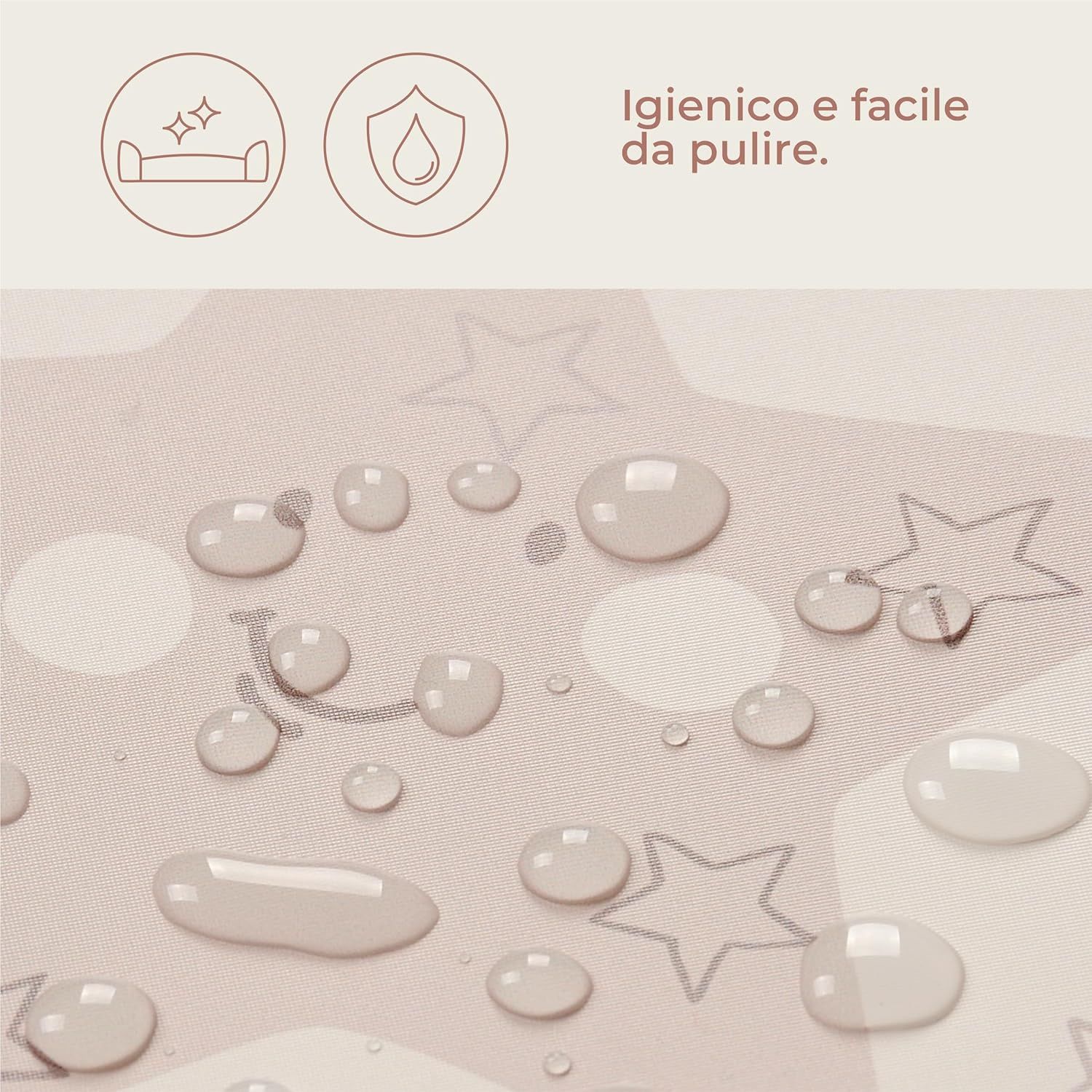 Waterdruppels op roze aankleedkussen met sterren en smiley-motieven. Hygiënisch en gemakkelijk schoon te maken.