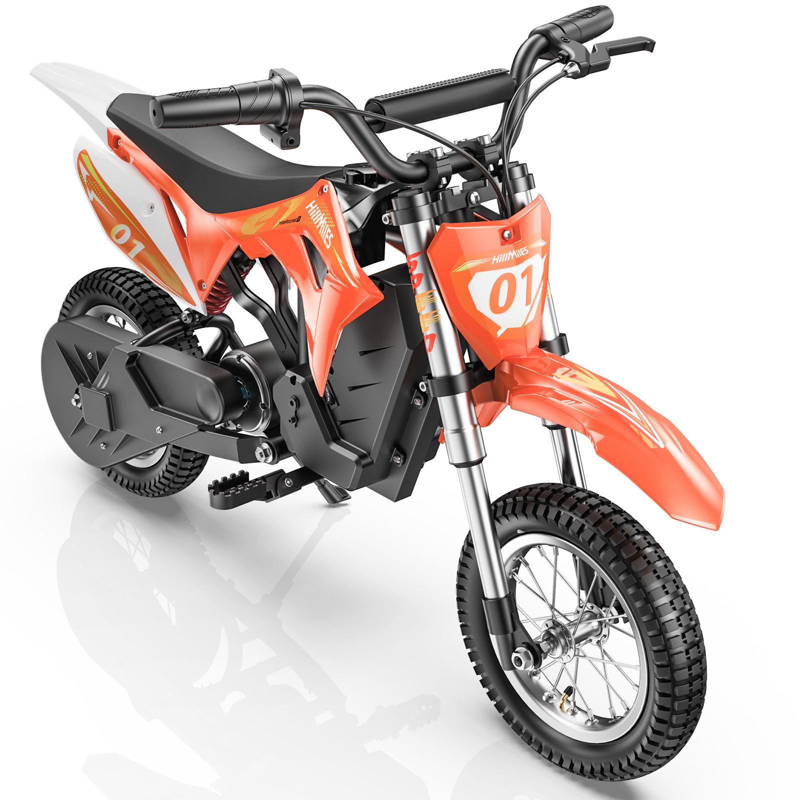 Oranje elektrische crossmotor voor kinderen. Zwarte banden, stuur en zadel. Witte en zwarte details. Nummer 01.