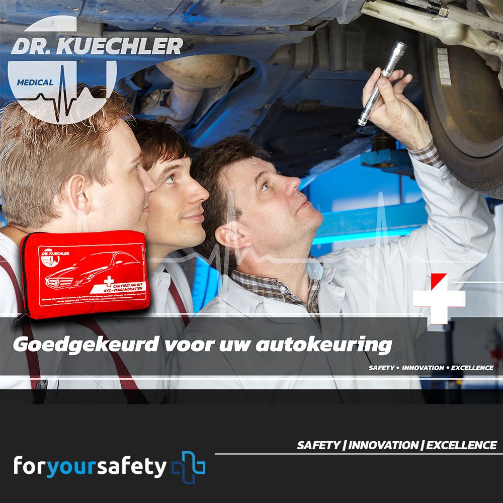 Rode EHBO-tas voor motorfiets. Text: Goedgekeurd voor uw autokeuring.