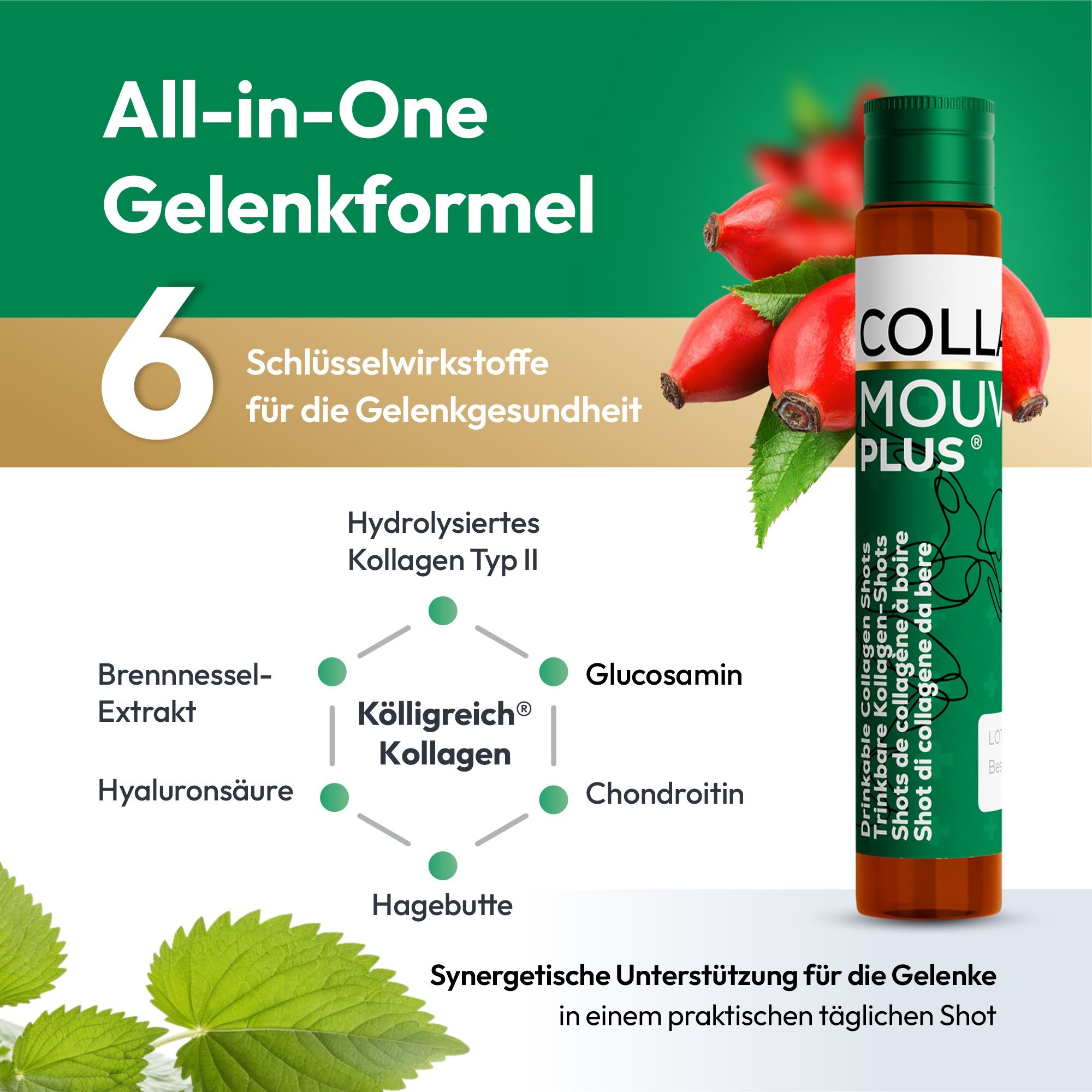 Shot BHW Collamouv Plus Collagène Glucosamine Chondroïtine avec ingrédients et fruits.