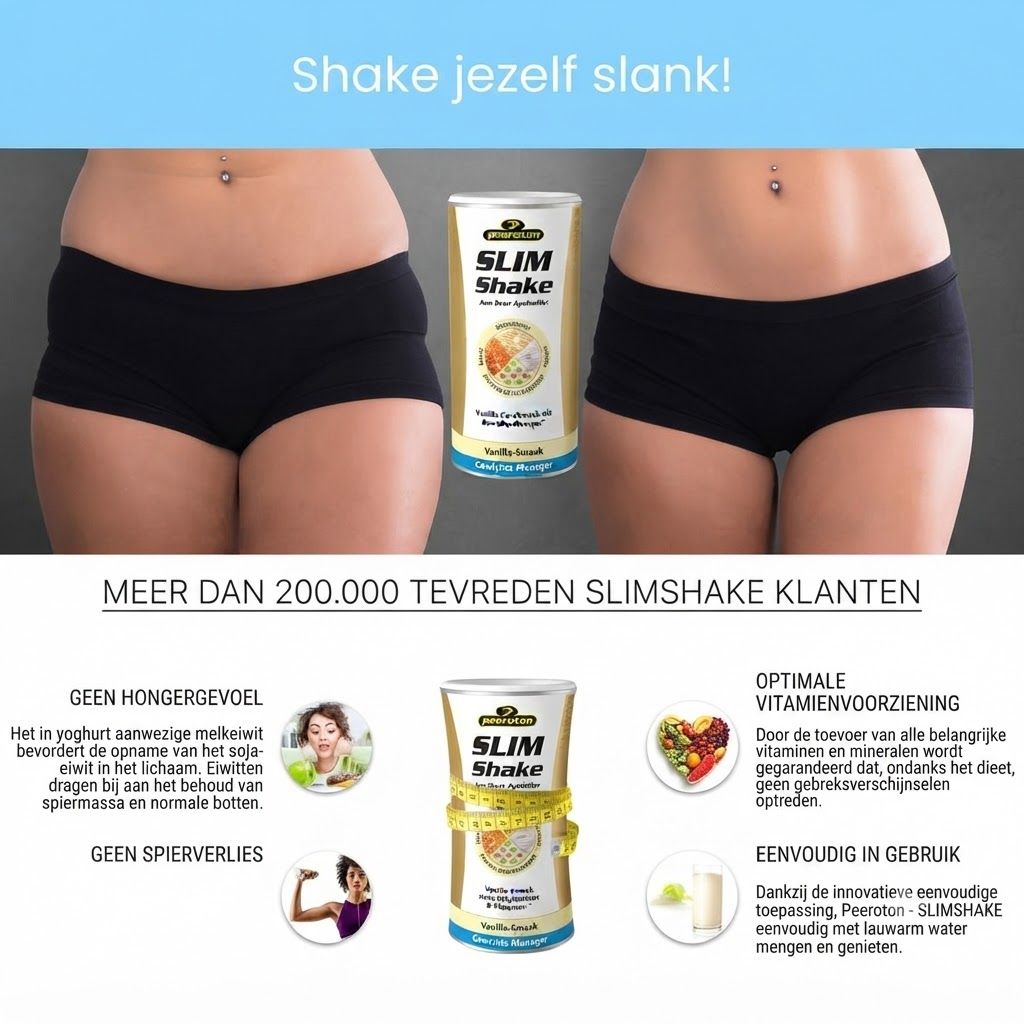 Peeroton Slim Shake Vanille blik met shaker en voedingswaarden.