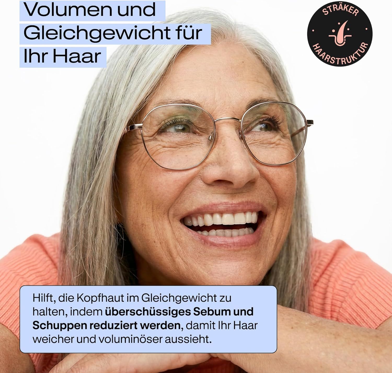 Femme âgée souriante avec lunettes. "Volume et équilibre pour vos cheveux".